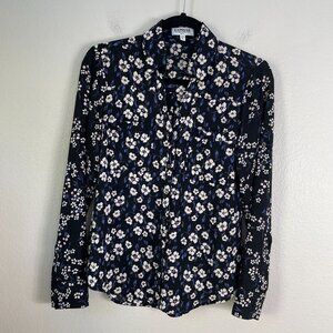Express Portofino Shirt Womens XS Slim Button Up Floral Blouse Roll Tab Sleeve